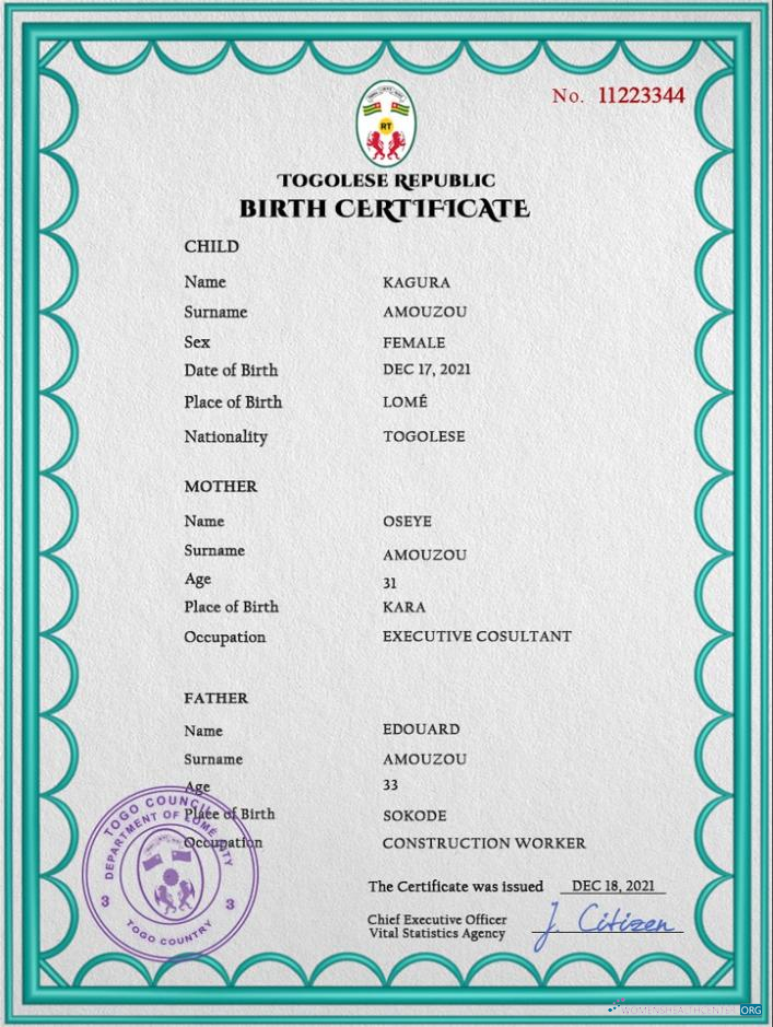 Download Togo birth certificate PSD template Photoshop template